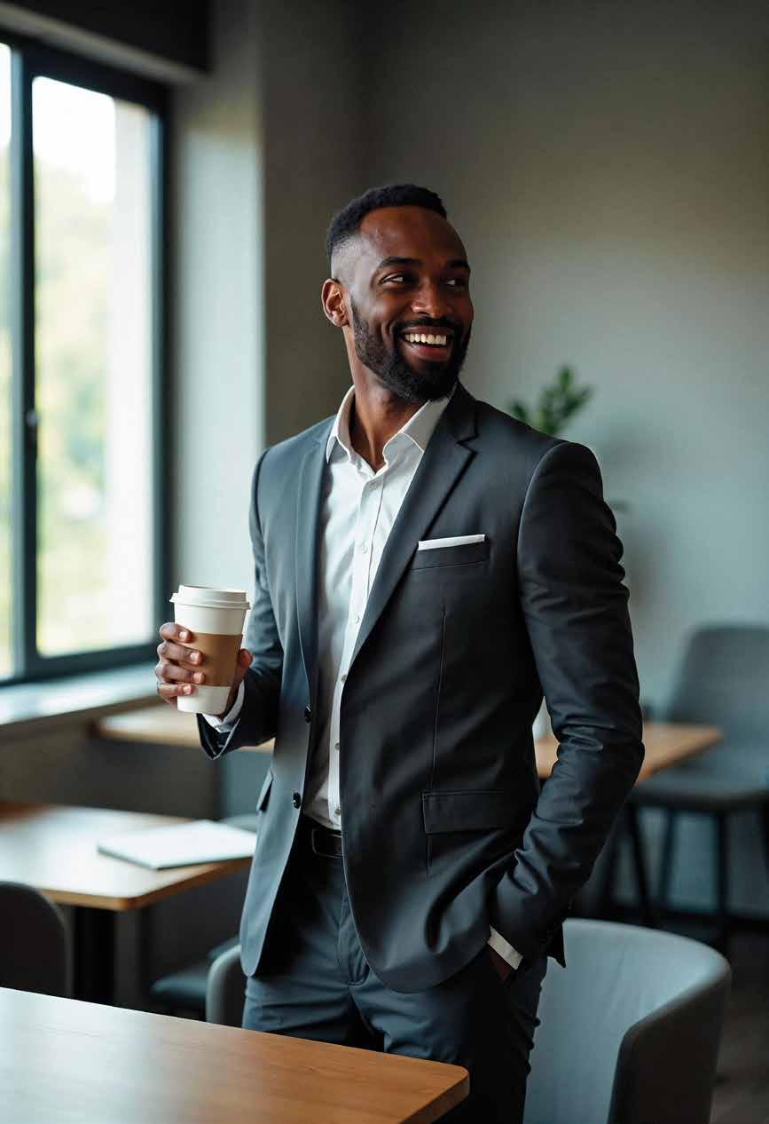 A healthcare executive in a suit holding a coffee cup in a modern meeting room