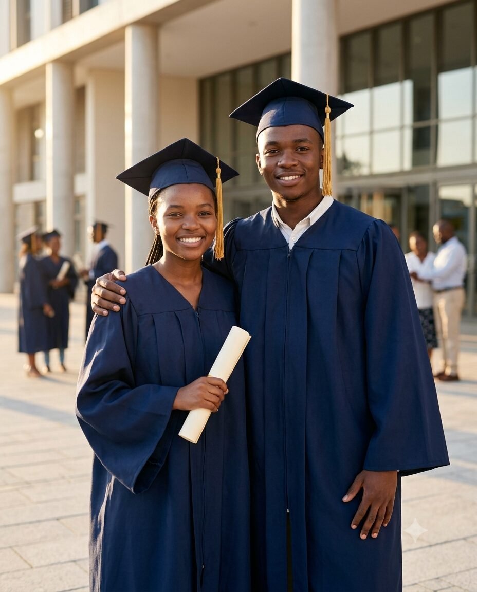 Two proud graduates wearing navy-blue gowns and mortarboard caps with gold tassels outside a modern college building