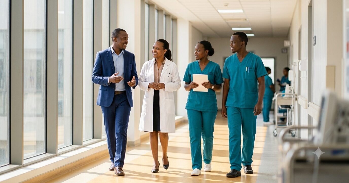 A team of healthcare professionals in scrubs, white coat and suit walking together along a bright modern hospital corridor