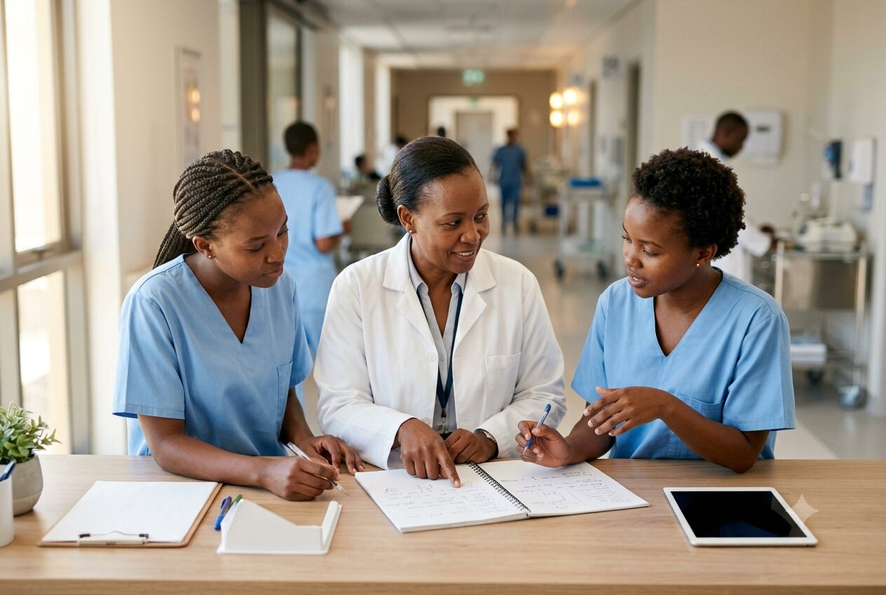 A nurse educator in a white coat reviewing study notes with two nursing students at a ward desk in a teaching hospital