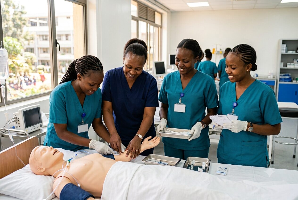 Nursing students in teal scrubs practising a clinical skill on a training mannequin with an instructor guiding them in a bright skills laboratory